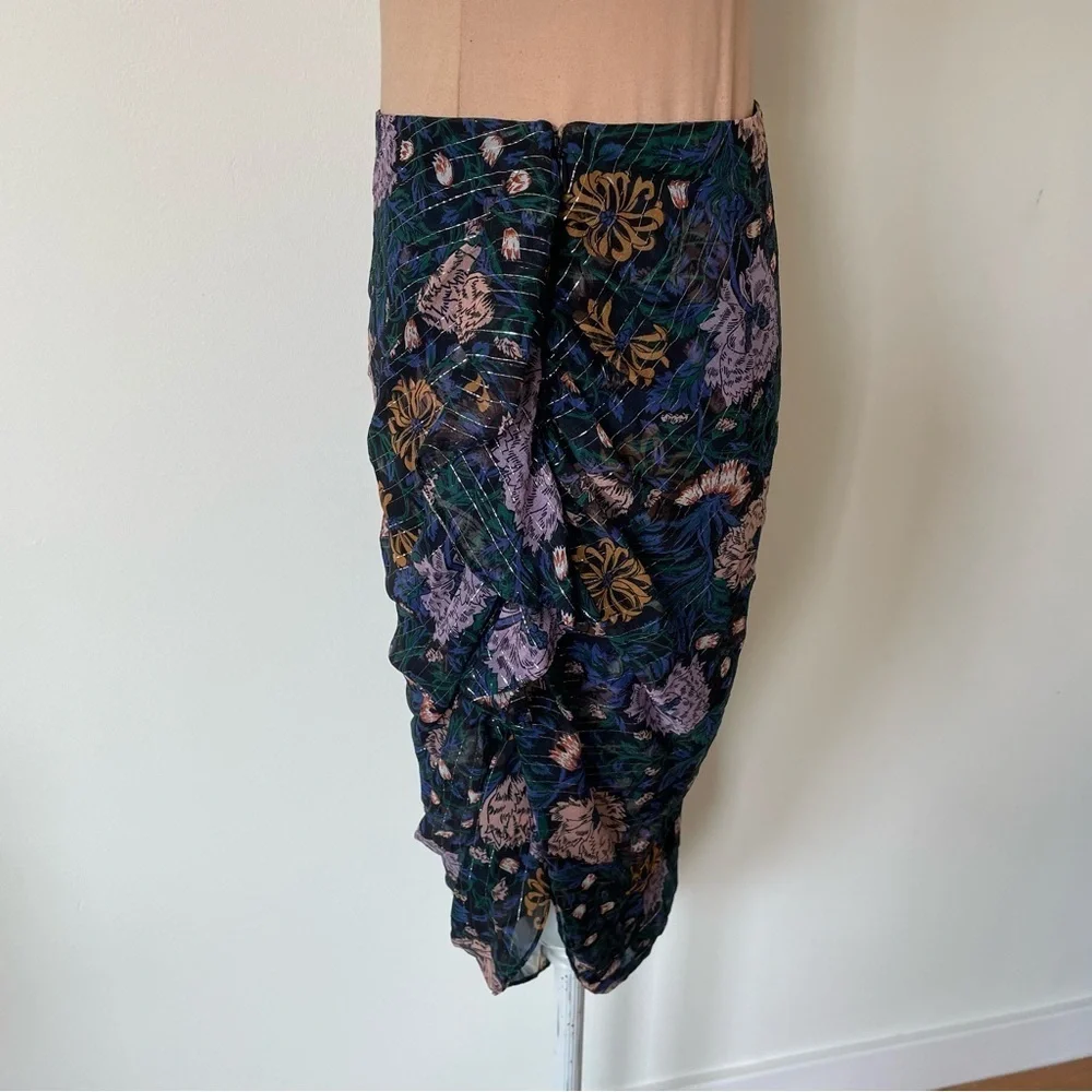 Veronica Beard Hazel Ruched Floral-Print Fil Coupé Silk-Metallic Skirt EUC Sz 4